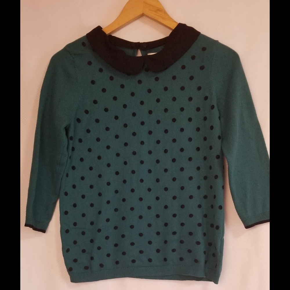 Elle Teal Knit Top with Black Trim And Removable Collar 3/4 Sleeves Size L